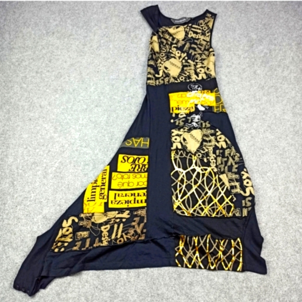 Desigual Dress Size L Cotton Jersey Black/Gold/Beige Asymmetric Sleeveless